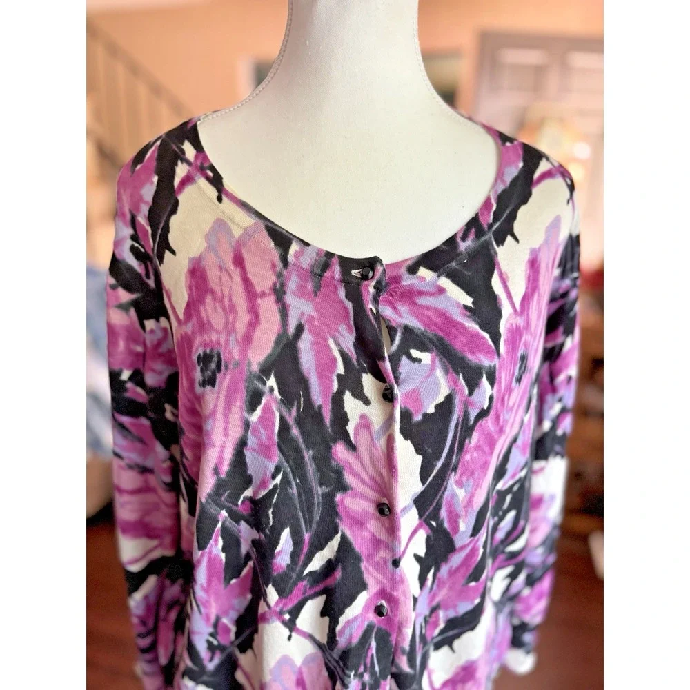 Talbots Women 1X Plus Silk Blend Floral Cardigan Button‎ Up 3/4 Sleeve Floral